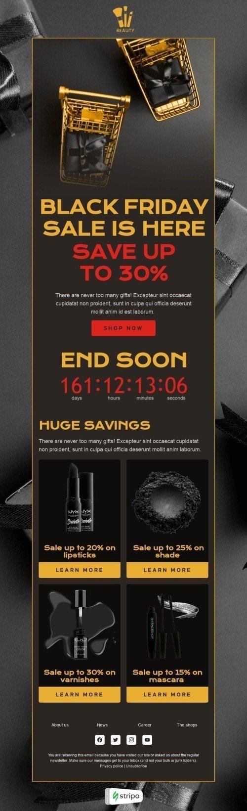 Black Friday Email Template «Huge savings» for Beauty & Personal Care industry mobile view
