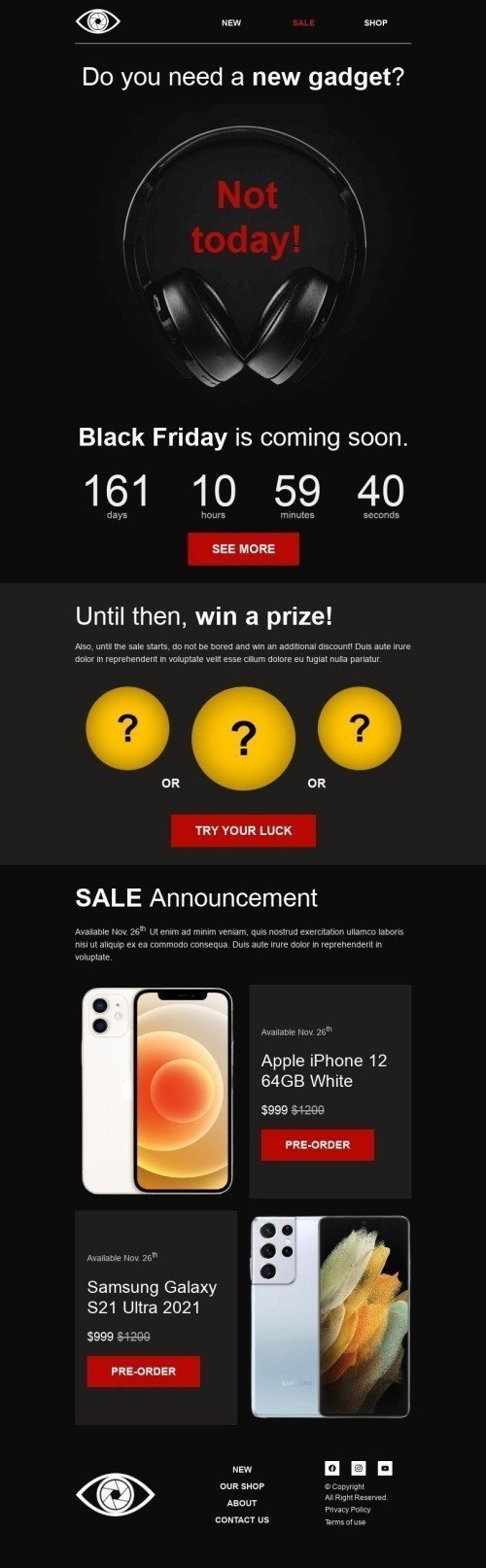 Modèle de courrier électronique Black Friday «Gagner un prix» pour le secteur Gadgets Affichage mobile