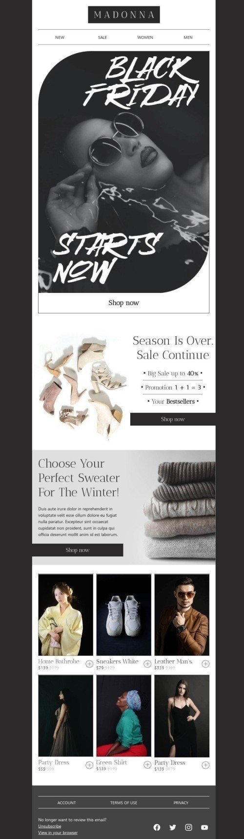 Modelo de E-mail de «Escolha o seu suéter perfeito» de Black Friday para a indústria de Moda Visualização de desktop