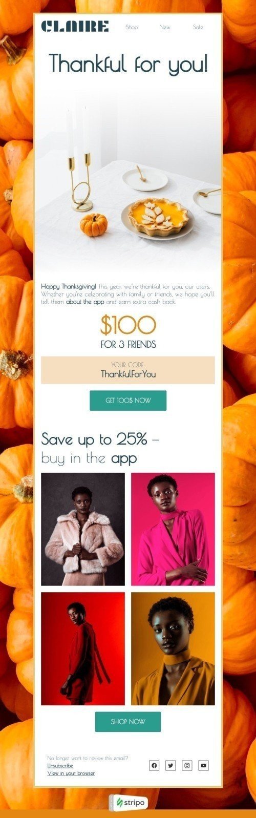 Thanksgiving Day E-Mail-Vorlage «Dankbar für dich!» für Mode-Branche Ansicht auf Mobilgeräten