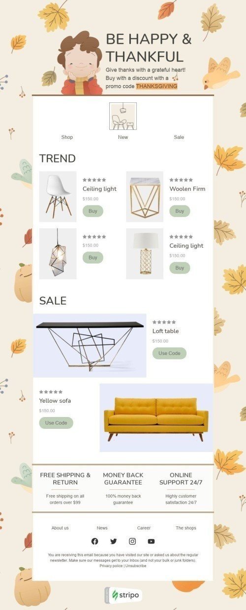 Thanksgiving Day Email Template «Be happy & thankful» for Furniture, Interior & DIY industry mobile view