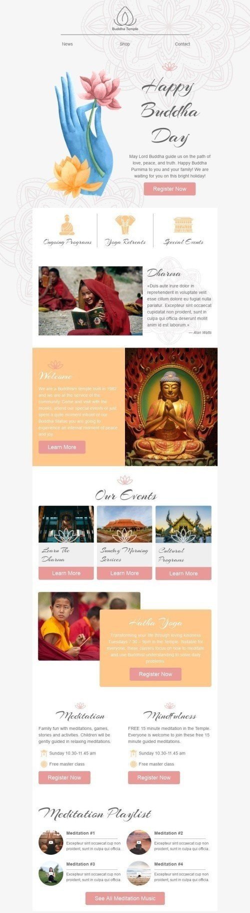 Шаблон письма к празднику День будды «Медитация» для индустрии «Дизайн шаблонов для некоммерческих email-кампаний» дектопный вид