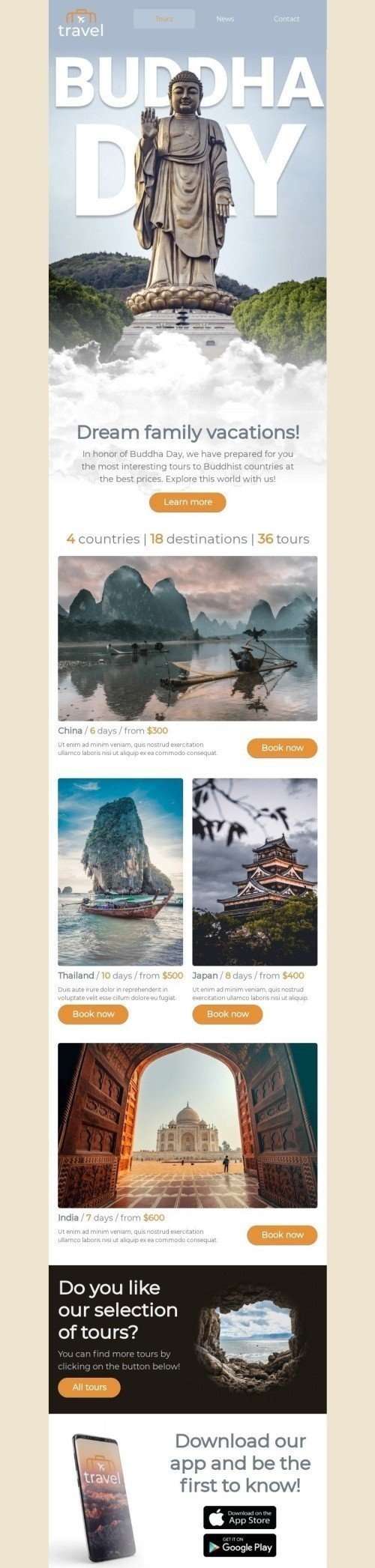 Buddha-Tag E-Mail-Vorlage «Traumurlaub mit der Familie» für Tourismus-Branche Desktop-Ansicht