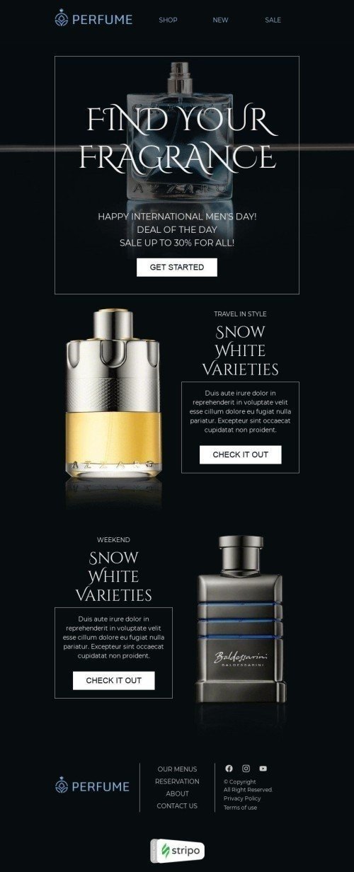 Modello Email Giornata internazionale dell'uomo «Trova la tua fragranza» per il settore industriale di Bellezza e cura della persona mobile view