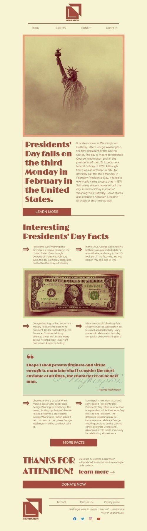 Presidents' Day Email Template «Washington's Birthday» for Publications & Blogging industry desktop view