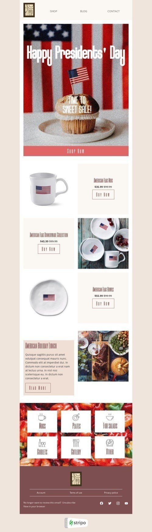 Шаблон письма к празднику Президентский день «Коллекция посуды под американским флагом» для индустрии «Мебель, Интерьер, Декор» мобильный вид