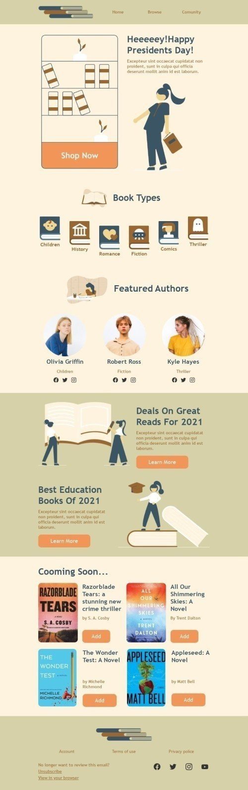 Modello Email Giorno dei presidenti «Autori in primo piano» per il settore industriale di Libri, regali e cancelleria Visualizzazione mobile
