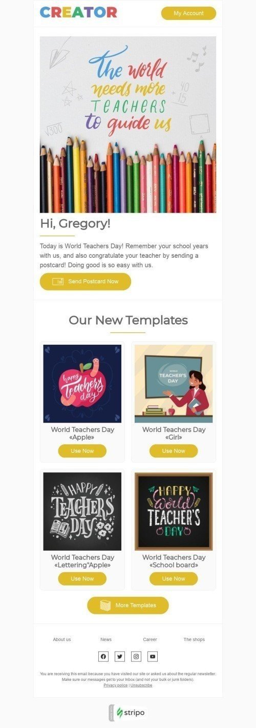 Modèle de courrier électronique Journée mondiale des enseignants «Créateur» pour le secteur Design Affichage mobile