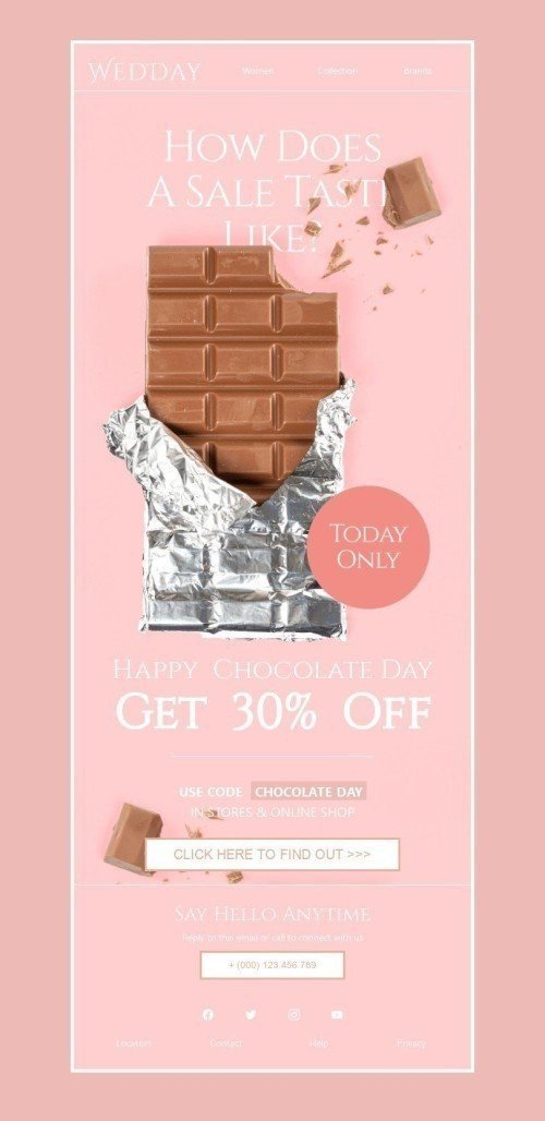 Modelo de E-mail de «Qual é o gosto de uma venda?» de Dia Internacional do Chocolate para a indústria de Moda Visualização de dispositivo móvel