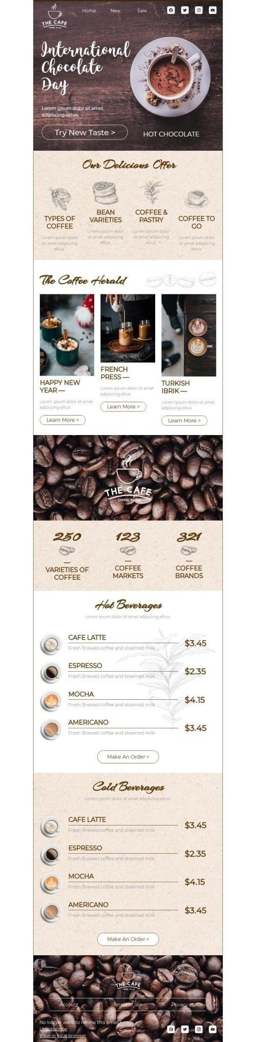 Der internationale Tag der Schokolade E-Mail-Vorlage «Probieren Sie einen neuen Geschmack» für Getränke-Branche desktop view