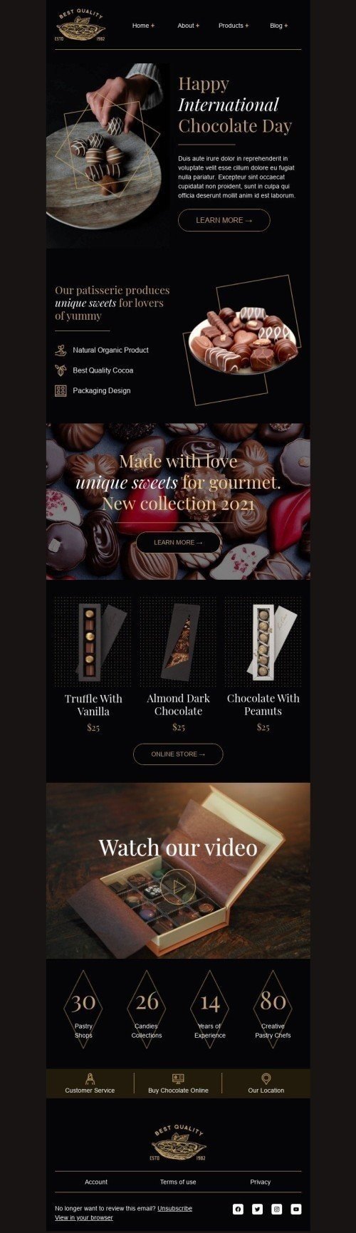 Der internationale Tag der Schokolade E-Mail-Vorlage «Mit Liebe gemacht» für Essen-Branche Desktop-Ansicht