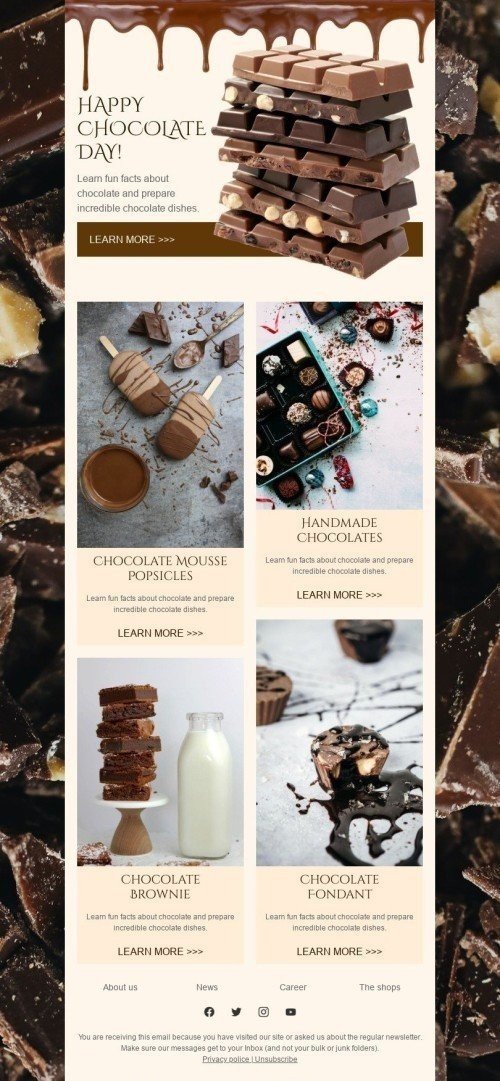 Der internationale Tag der Schokolade E-Mail-Vorlage «Unglaubliche Schokoladengerichte» für Publikationen und Blogs-Branche Ansicht auf Mobilgeräten
