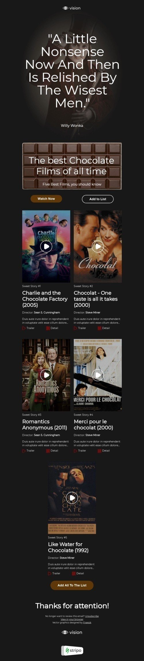Der internationale Tag der Schokolade E-Mail-Vorlage «Fünf süße Geschichten» für Filme-Branche Ansicht auf Mobilgeräten
