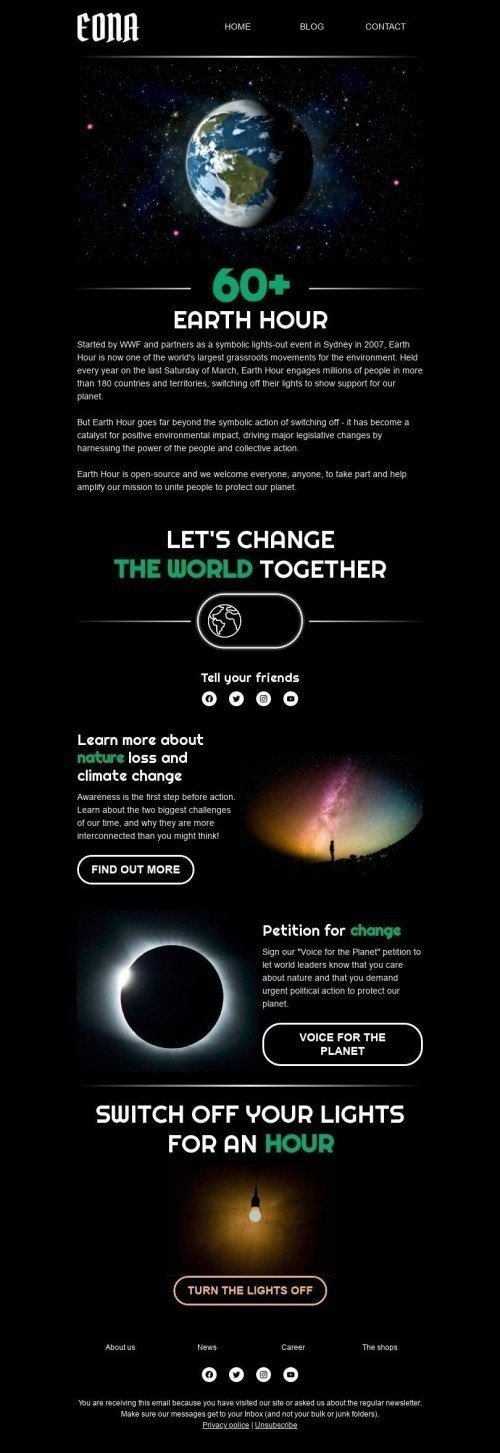 Шаблон письма к празднику Час Земли «Выключите свет» для индустрии «Дизайн шаблонов для некоммерческих email-кампаний» дектопный вид