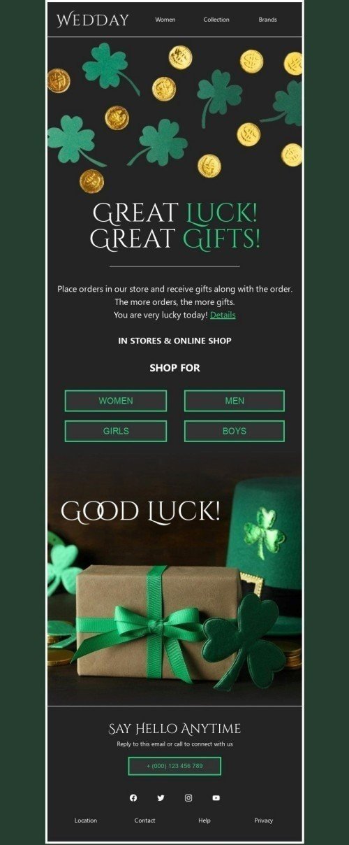 St. Patrick’s Day Email Template "Great luck" for Fashion industry desktop view