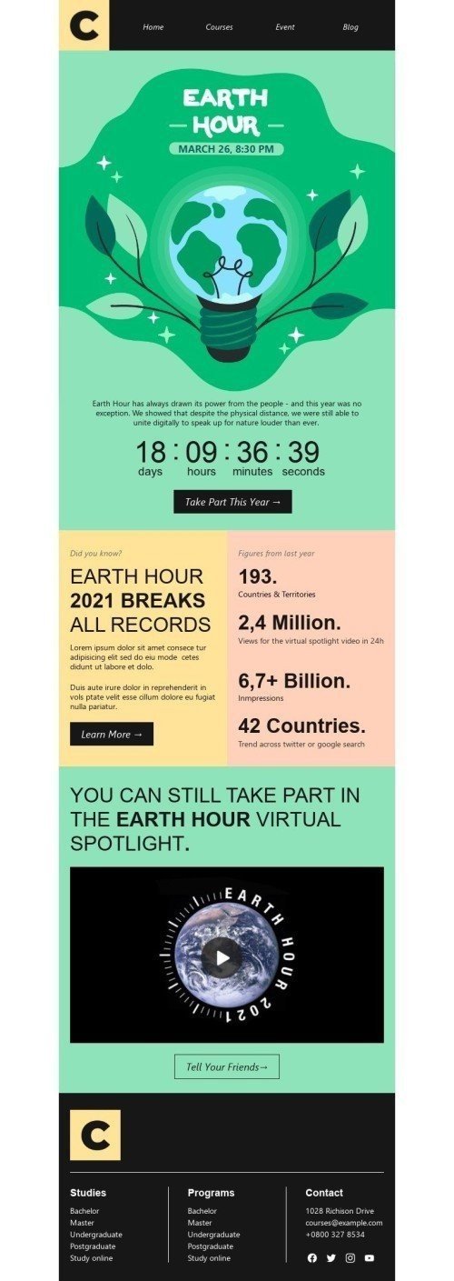 Plantilla de correo electrónico «Rompe todos los récords» de Hora del Planeta para la industria de Educación mobile view