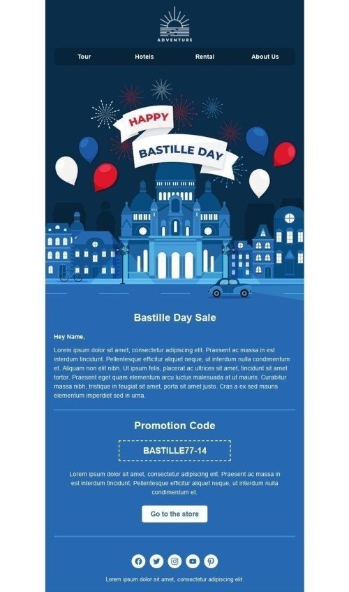Tag der Bastille E-Mail-Vorlage «Komm mit uns» für Tourismus-Branche Ansicht auf Mobilgeräten