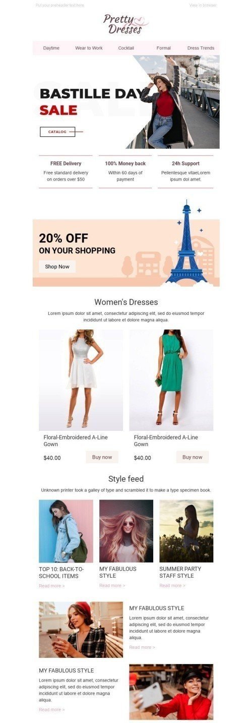 Bastille Day Email Template «In the spotlight» for Fashion industry desktop view