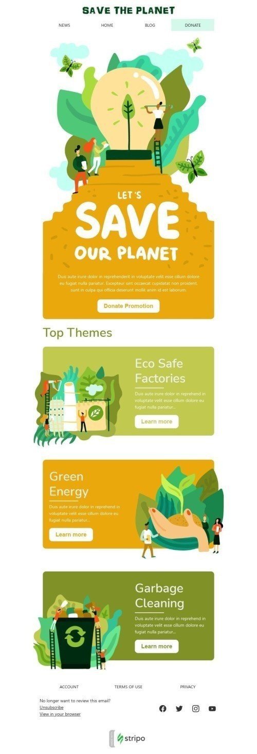 Шаблон письма к празднику Час Земли «Спасите планету» для индустрии «Дизайн шаблонов для некоммерческих email-кампаний» мобильный вид