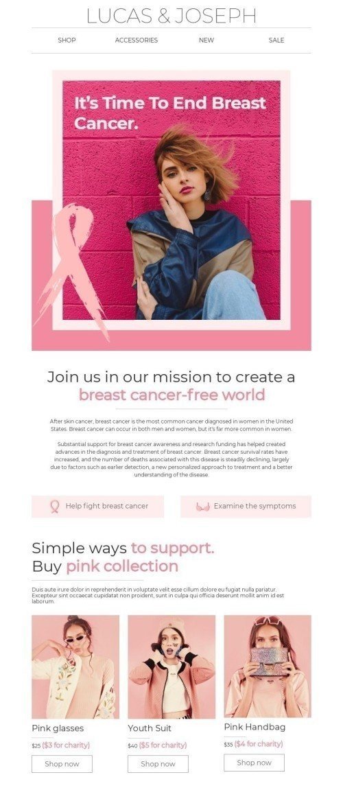 Modelo de E-mail de «Um mundo sem câncer de mama» de Outubro Rosa para a indústria de Moda Visualização de dispositivo móvel