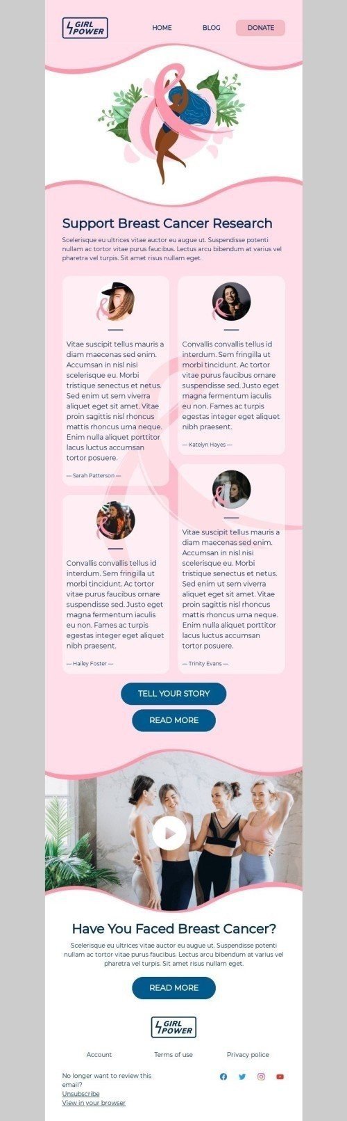 Modello Email Il mese di sensibilizzazione sul cancro al seno «Sostieni la ricerca sul cancro al seno» per il settore industriale di No profit e beneficenza mobile view