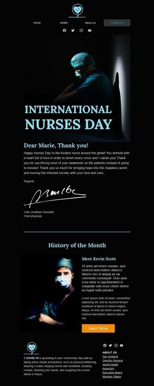 Modello Email Giornata internazionale dell'infermiere «Grazie ai nostri medici» per il settore industriale di Salute e bellezza mobile view