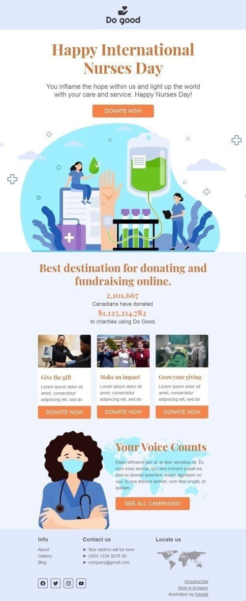 Modello Email Giornata internazionale dell'infermiere «Fai il regalo​» per il settore industriale di No profit e beneficenza Visualizzazione desktop