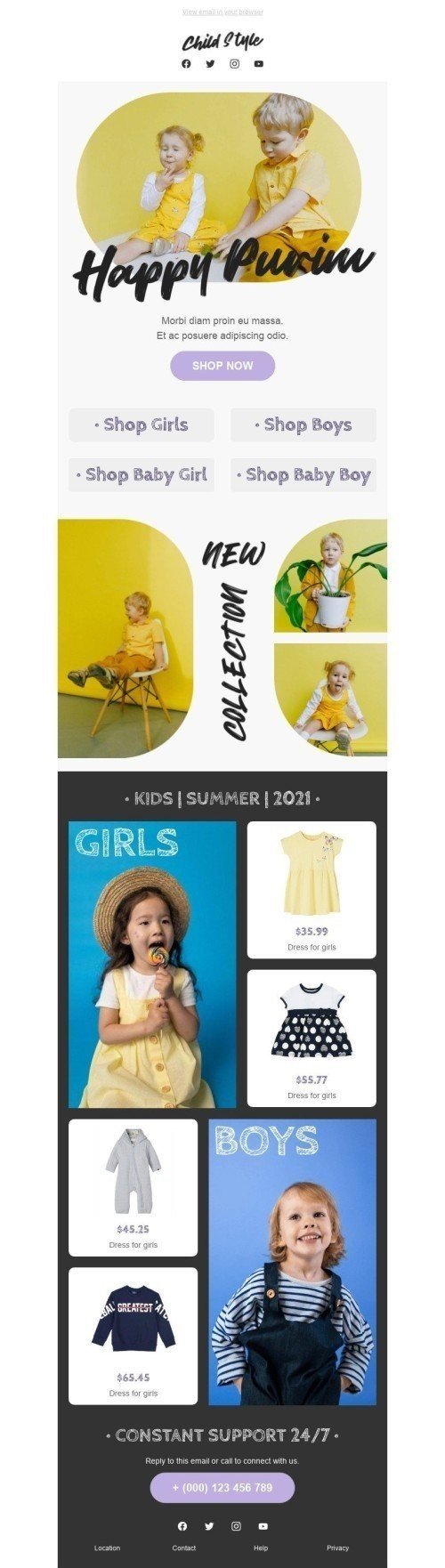 Purim Email Template «Child Style» for Kids Goods industry desktop view