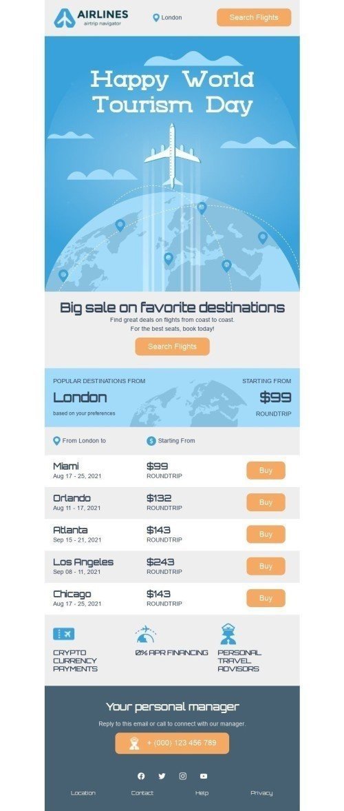 World Tourism Day Email Template «Roundtrip» for Travel industry desktop view