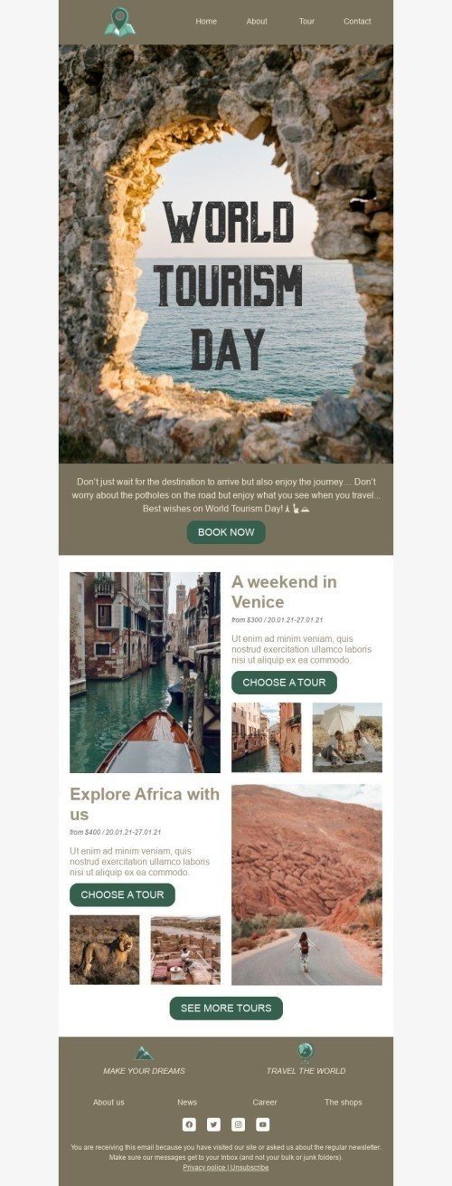 Modello Email Giornata mondiale del turismo «Weekend a Venezia» per il settore industriale di Turismo mobile view