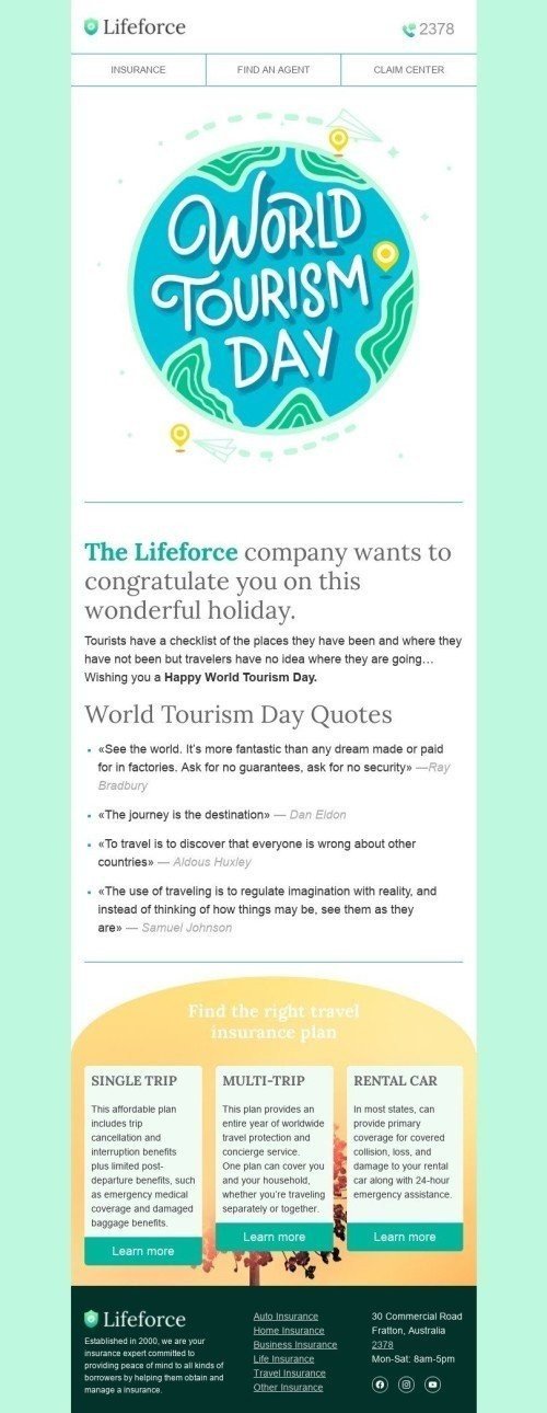 Modèle de courrier électronique Journée mondiale du tourisme «Voir le monde» pour le secteur Assurance mobile view