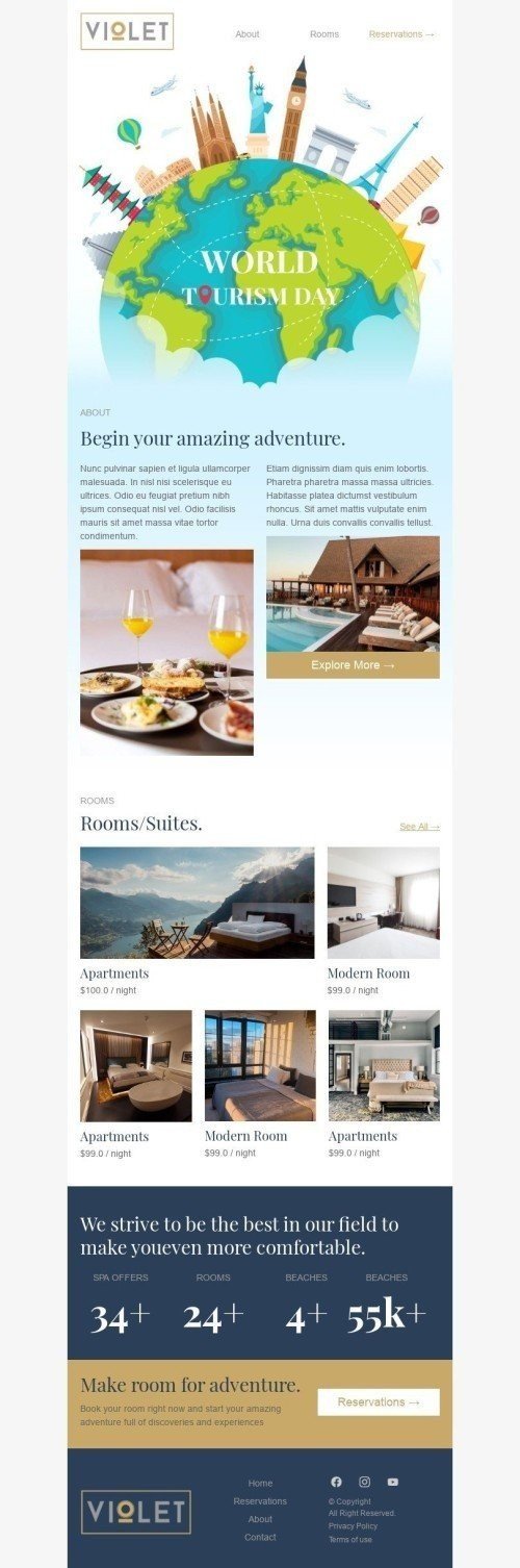 Welttourismustag E-Mail-Vorlage «Beginnen Sie Ihr erstaunliches Abenteuer» für Hotels-Branche Ansicht auf Mobilgeräten