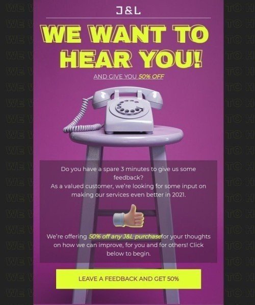 Шаблон листа «Ми хочемо вас почути» тематики Опитування та Зворотній зв'язок для індустрії «Мода» мобільний вигляд