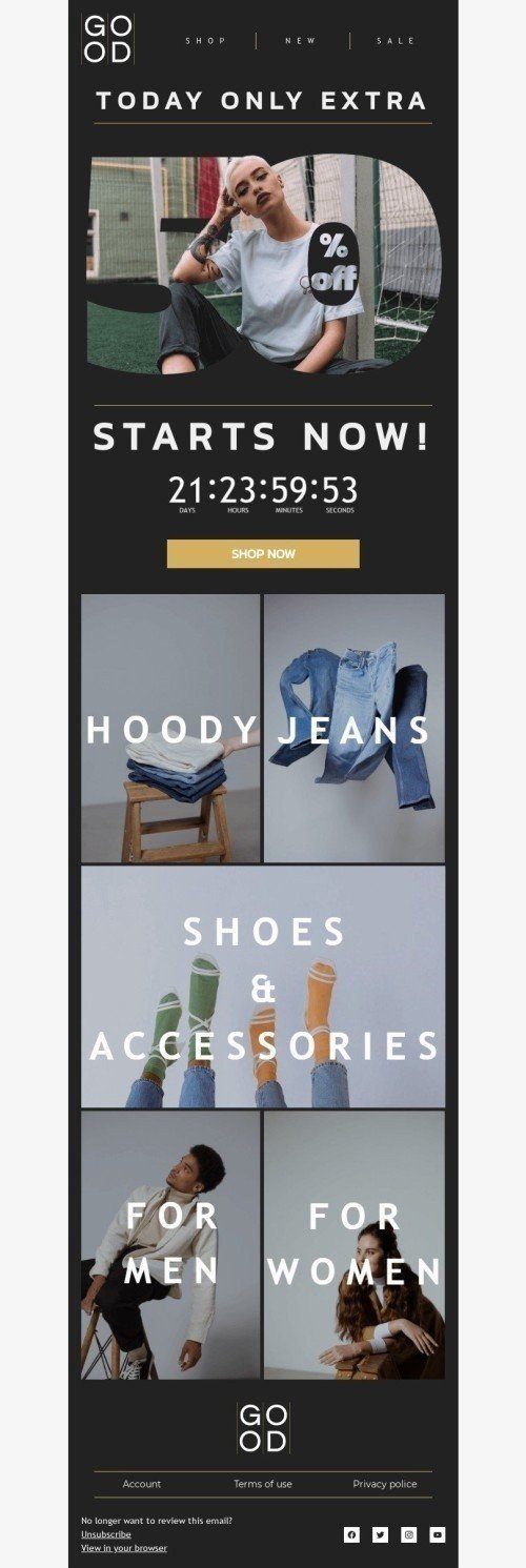 Discount Email Template «Selection by category» for Fashion industry mobile view
