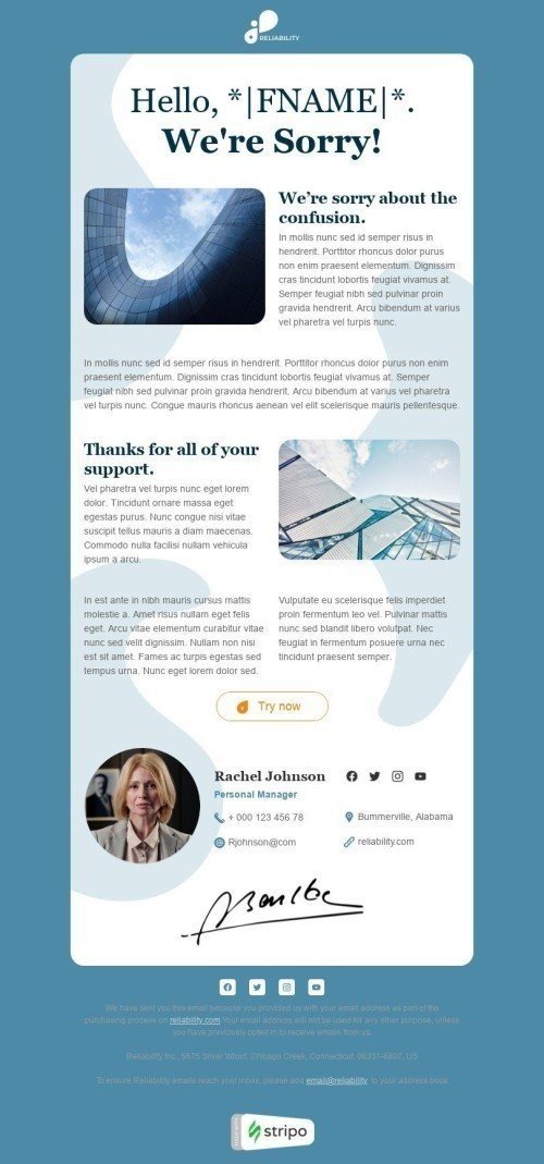 Apology Email Template «We're sorry» for Webinars industry desktop view