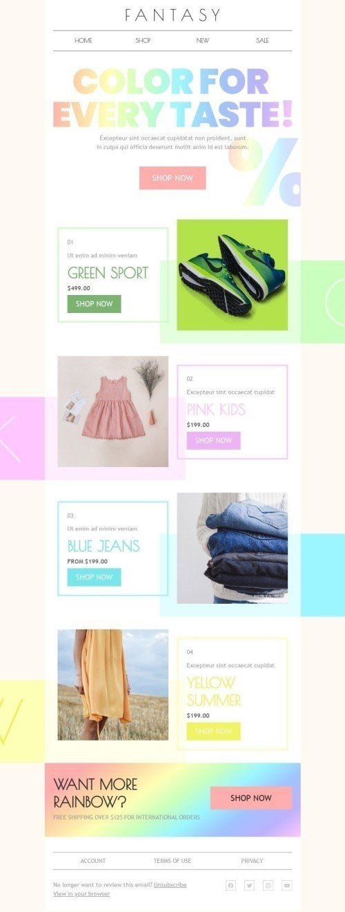 Promo Email Template «Rainbow» for Fashion industry desktop view