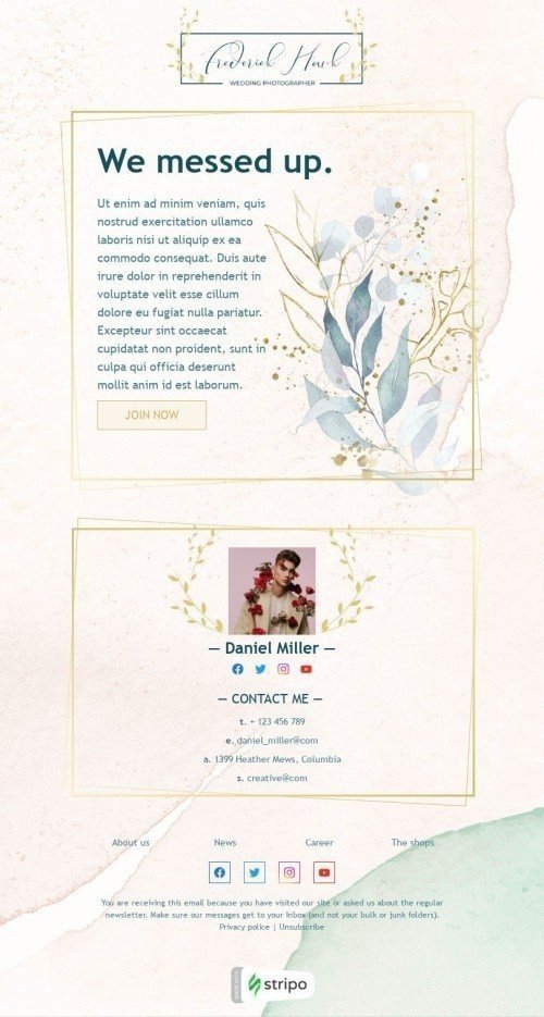 Modèle de courrier électronique Excuses «Fleuriste de mariage» pour le secteur Cadeaux & Fleurs Affichage ordinateur
