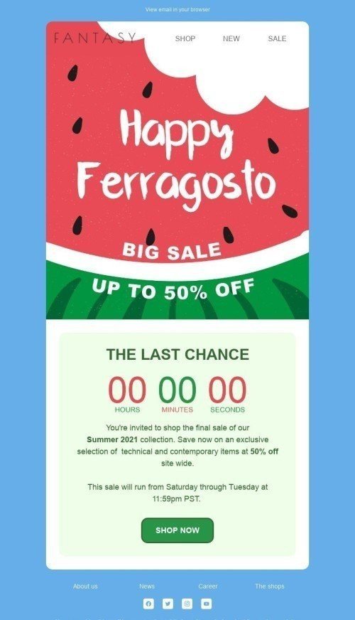 Ferragosto Email Template «You're invited to shop» for Fashion industry desktop view