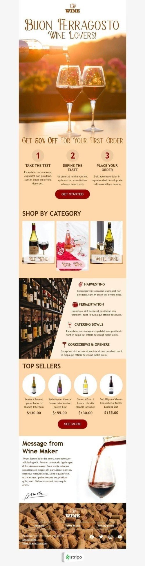 Ferragosto E-Mail-Vorlage «Nachricht von Wine Maker» für Getränke-Branche Ansicht auf Mobilgeräten