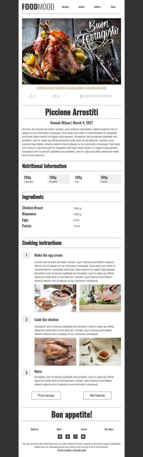Ferragosto E-Mail-Vorlage «Schritt-für-Schritt-Rezepte» für Essen-Branche Desktop-Ansicht
