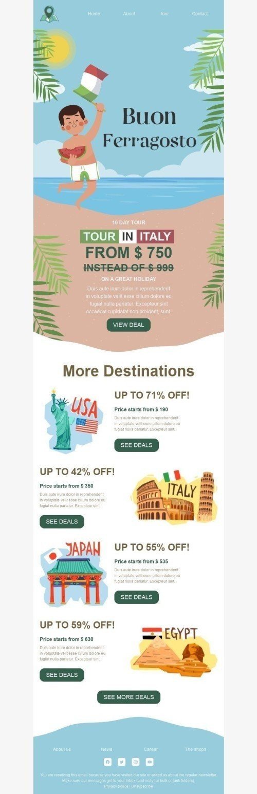 Ferragosto Email Template «Tour in Italy» for Travel industry mobile view