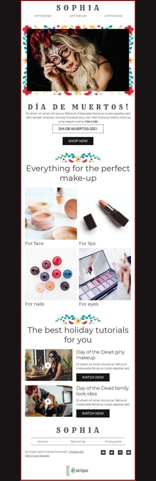 Plantilla de correo electrónico «Maquillaje perfecto» de Día de Muertos para la industria de Belleza y cuidado personal desktop view