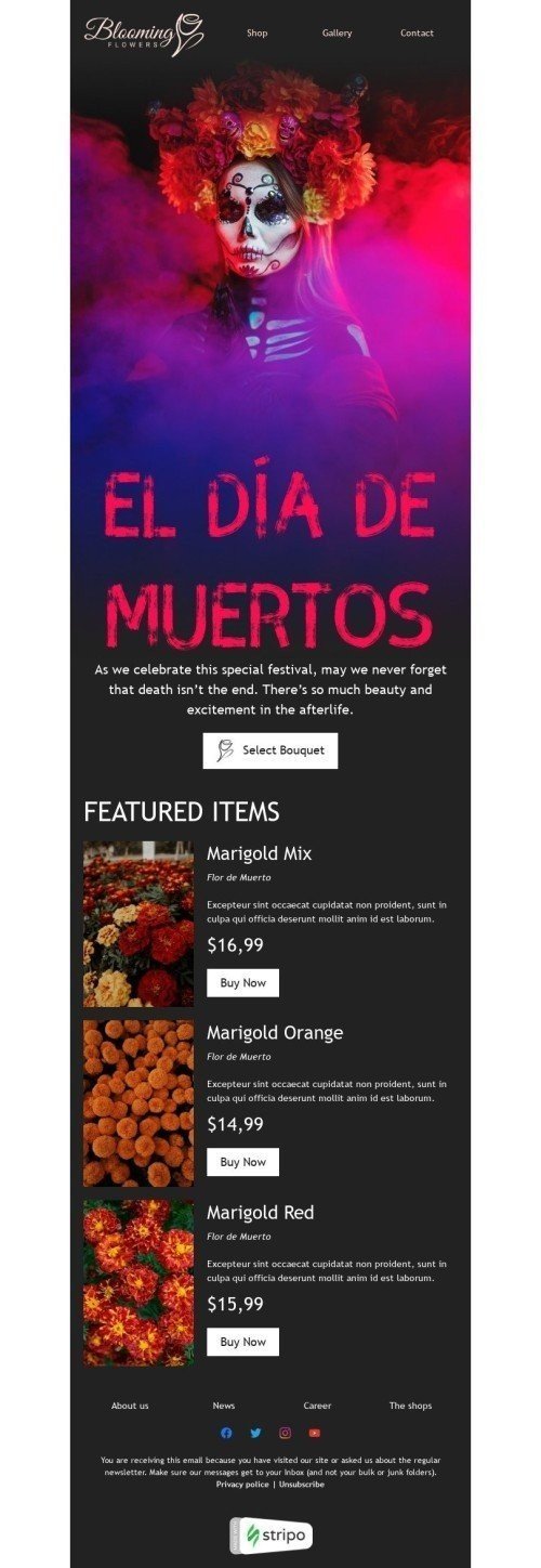Day of the Dead Email Template "Marigold" for Gifts & Flowers industry desktop view