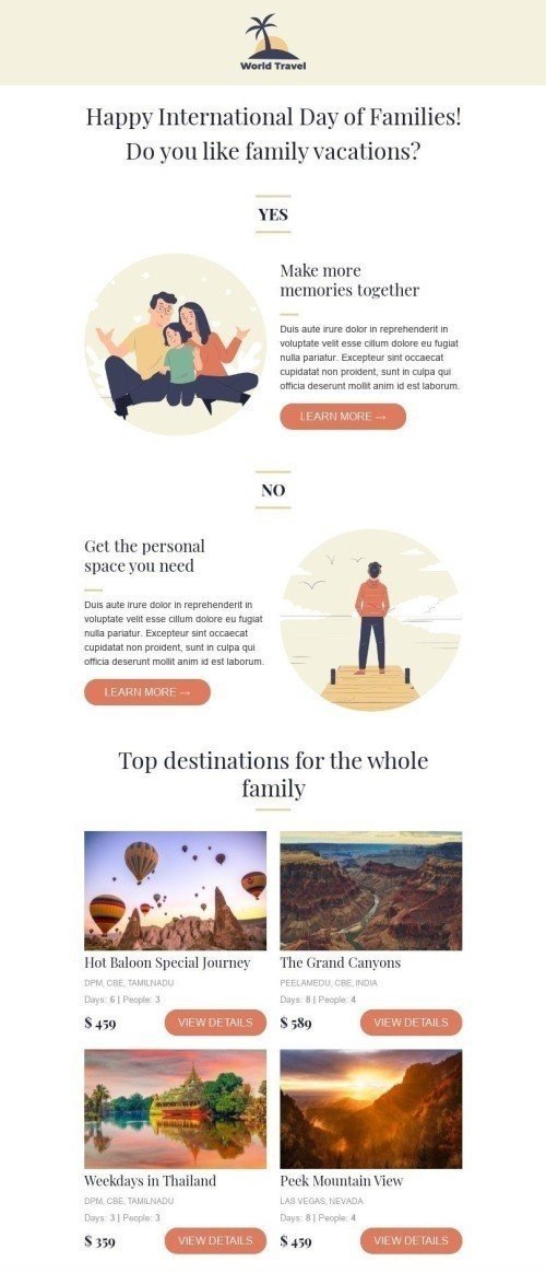 International Day of Families Email Template "Do you like family vacations?" for Travel industry desktop view